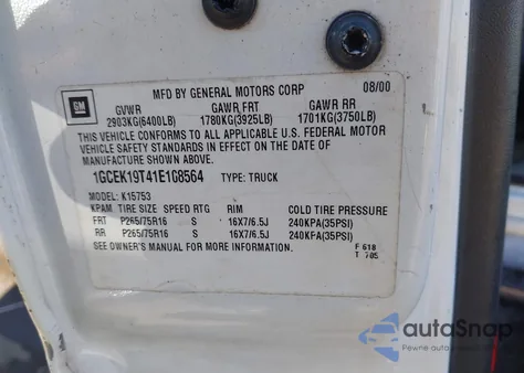 2001 Chevrolet Silverado 1500 Lt from USA, damaged, VIN 1GCEK19T41E108564